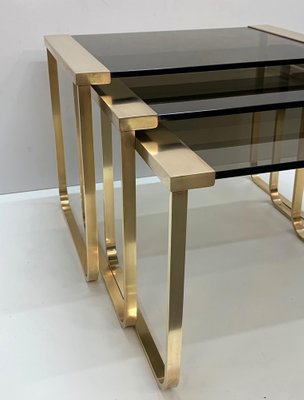 Mid-Century Solid Brass and Smoked Glass Interlocking Side Tables, 1970s, Set of 3-JDR-1125927