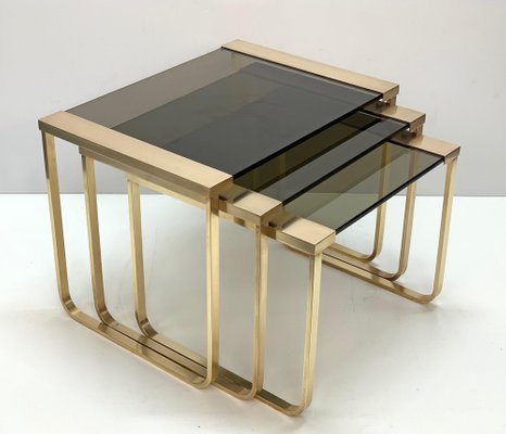 Mid-Century Solid Brass and Smoked Glass Interlocking Side Tables, 1970s, Set of 3-JDR-1125927