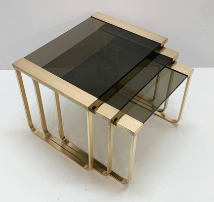 Mid-Century Solid Brass and Smoked Glass Interlocking Side Tables, 1970s, Set of 3-JDR-1125927