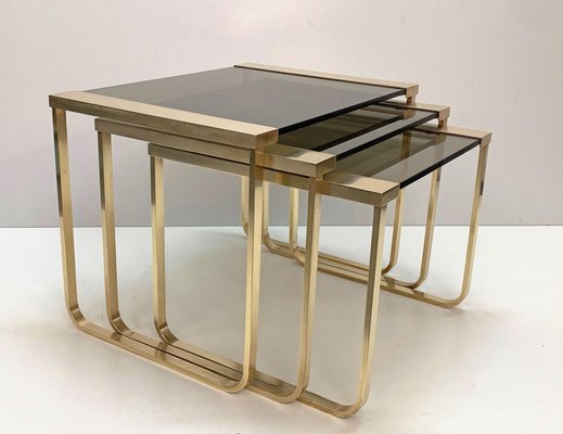 Mid-Century Solid Brass and Smoked Glass Interlocking Side Tables, 1970s, Set of 3-JDR-1125927