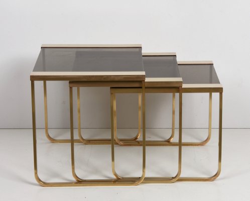 Mid-Century Solid Brass and Smoked Glass Interlocking Side Tables, 1970s, Set of 3-JDR-1125927