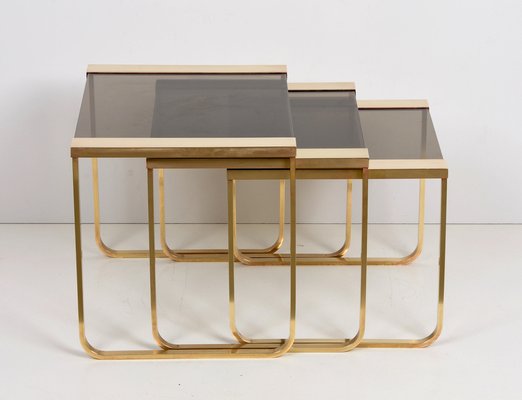 Mid-Century Solid Brass and Smoked Glass Interlocking Side Tables, 1970s, Set of 3-JDR-1125927