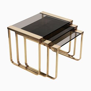 Mid-Century Solid Brass and Smoked Glass Interlocking Side Tables, 1970s, Set of 3-JDR-1125927