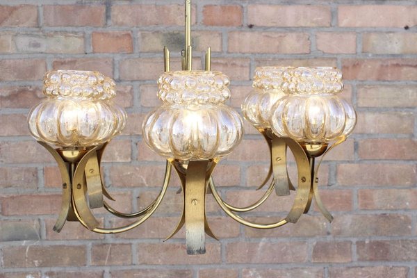 Mid-Century Solid Brass & Iridescent Molded Glass 6-Light Chandelier by Helena Tynell, 1960s-XIJ-894475