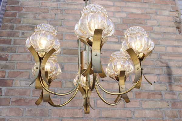 Mid-Century Solid Brass & Iridescent Molded Glass 6-Light Chandelier by Helena Tynell, 1960s-XIJ-894475