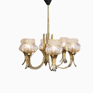 Mid-Century Solid Brass & Iridescent Molded Glass 6-Light Chandelier by Helena Tynell, 1960s-XIJ-894475