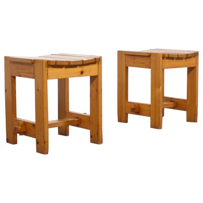 Mid-Century Solid Pine Slat Stools, Sweden, 1960s, Set of 2-QT-1263500