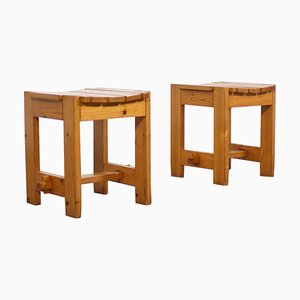 Mid-Century Solid Pine Slat Stools, Sweden, 1960s, Set of 2-QT-1263500