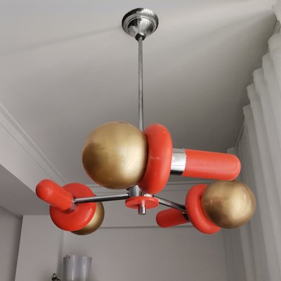 Mid-Century Space Age Orange Wood and Glass Sputnik Chandelier, 1960s-SCS-1001757