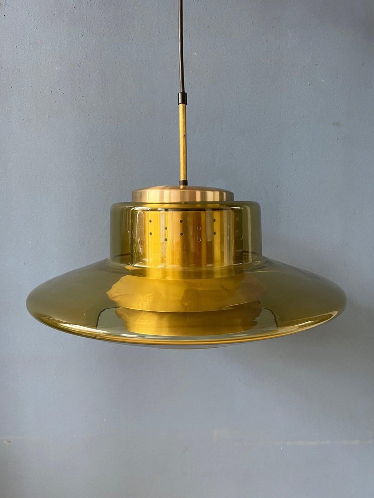 Mid-Century Space Age Yellow Smoked Glass Pendant Lamp from Dijkstra