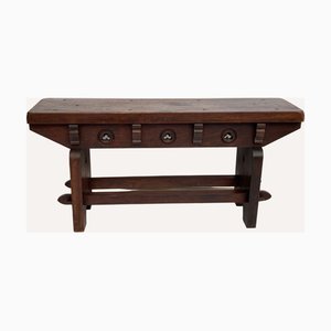 Mid-Century Spanish Brutalist Neo Gothic Style Oak Bench Side Table or Console-BHG-1097959