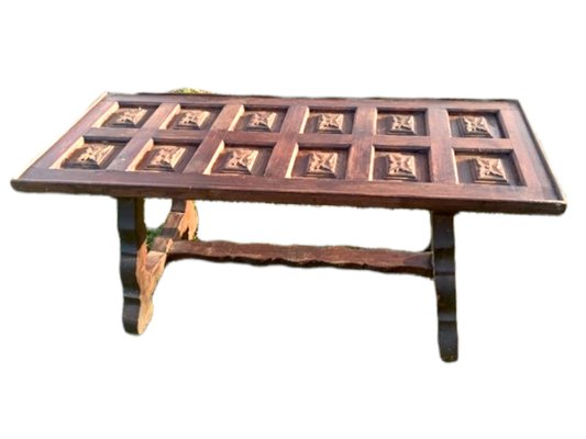 Mid-Century Spanish Colonial Table in Wood with Hand Carved Cuarterones-TCS-1319974