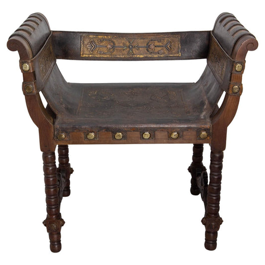 Mid-Century Spanish Curule Style Armchair in Cordovan Leather and Wood, 19th Century