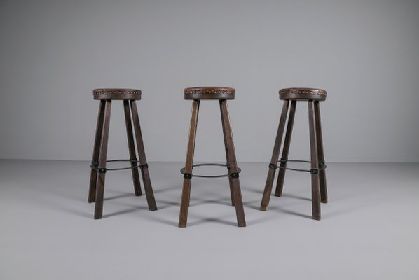 Mid-Century Spanish Leather, Wood, and Iron Barstools, Set of 3-KQB-1432101