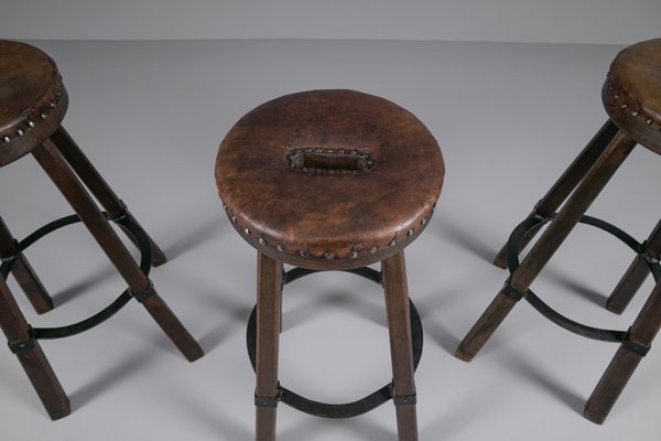 Mid-Century Spanish Leather, Wood, and Iron Barstools, Set of 3-KQB-1432101