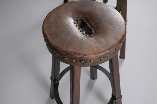 Mid-Century Spanish Leather, Wood, and Iron Barstools, Set of 3-KQB-1432101