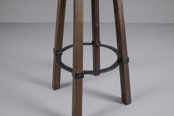 Mid-Century Spanish Leather, Wood, and Iron Barstools, Set of 3-KQB-1432101