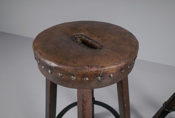 Mid-Century Spanish Leather, Wood, and Iron Barstools, Set of 3-KQB-1432101