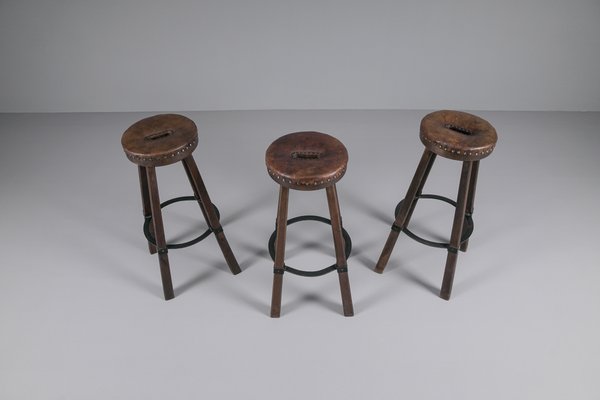 Mid-Century Spanish Leather, Wood, and Iron Barstools, Set of 3-KQB-1432101