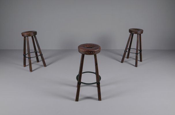 Mid-Century Spanish Leather, Wood, and Iron Barstools, Set of 3-KQB-1432101