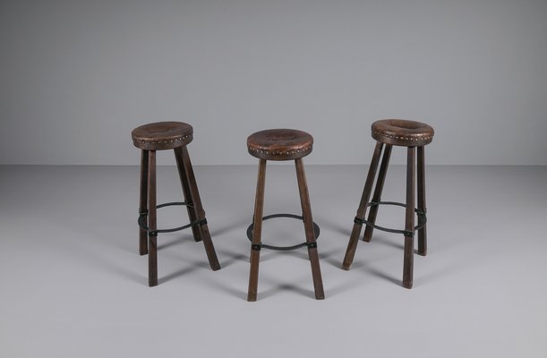 Mid-Century Spanish Leather, Wood, and Iron Barstools, Set of 3-KQB-1432101