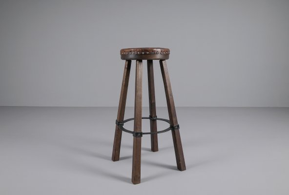 Mid-Century Spanish Leather, Wood, and Iron Barstools, Set of 3-KQB-1432101