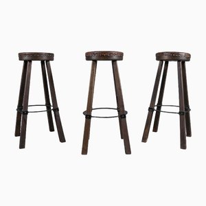 Mid-Century Spanish Leather, Wood, and Iron Barstools, Set of 3-KQB-1432101