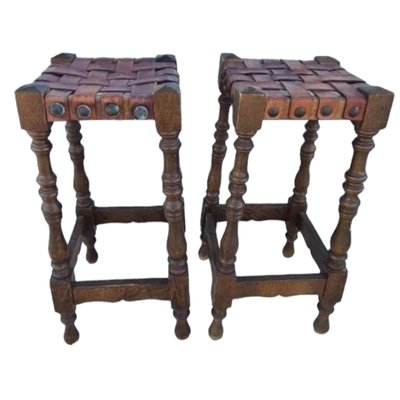 Mid-Century Spanish Stools with Leather and Wood, Set of 2-TCS-1768495