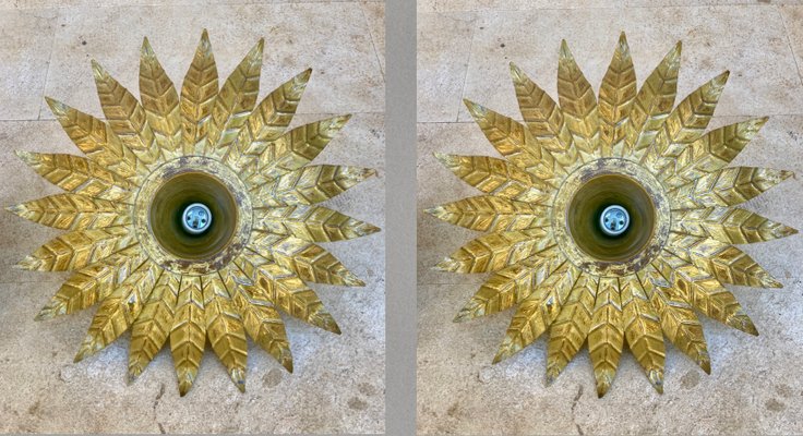 Mid-Century Spanish Sunburst Ceiling Light Fixtures or Wall Sconces in Gilded Wrought Iron, 1960s, Set of 2-NOU-1180638