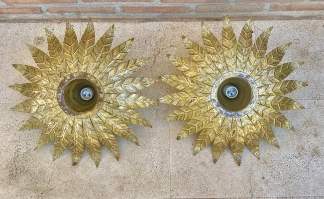 Mid-Century Spanish Sunburst Ceiling Light Fixtures or Wall Sconces in Gilded Wrought Iron, 1960s, Set of 2-NOU-1180638