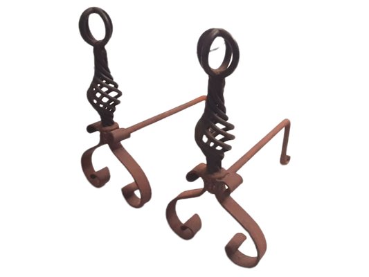 Mid-Century Spanish Wrought Iron Andirons or Firedogs, Set of 2-TCS-1347680