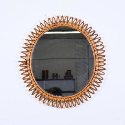 Mid-Century Spring Round Shape Mirror in Rattan, Wicker and Bamboo, Italy, 1960s-JDR-1750903