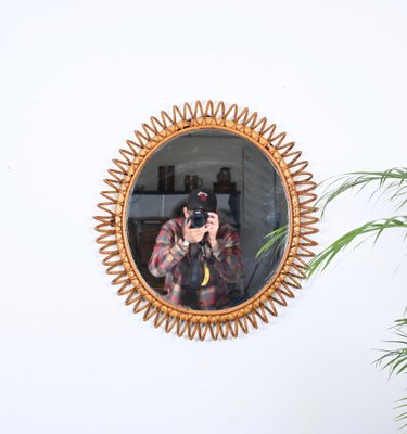 Mid-Century Spring Round Shape Mirror in Rattan, Wicker and Bamboo, Italy, 1960s-JDR-1750903