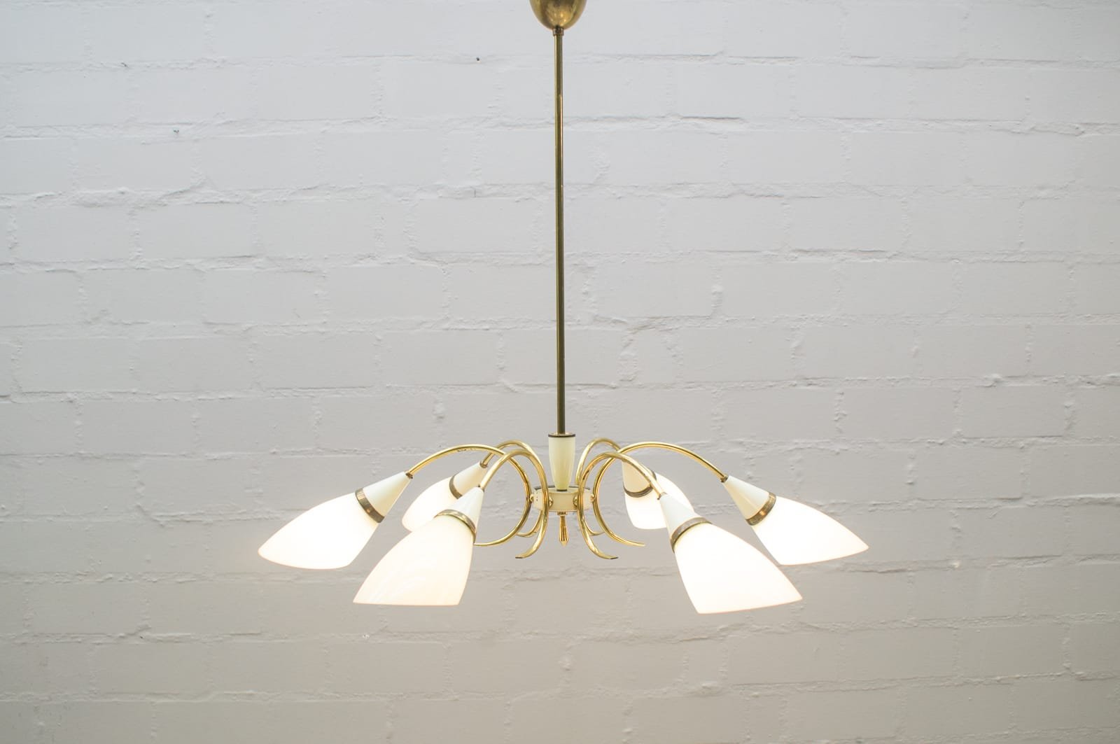 Mid-Century Sputnik Glass & Brass 6-Arm Ceiling Lamp