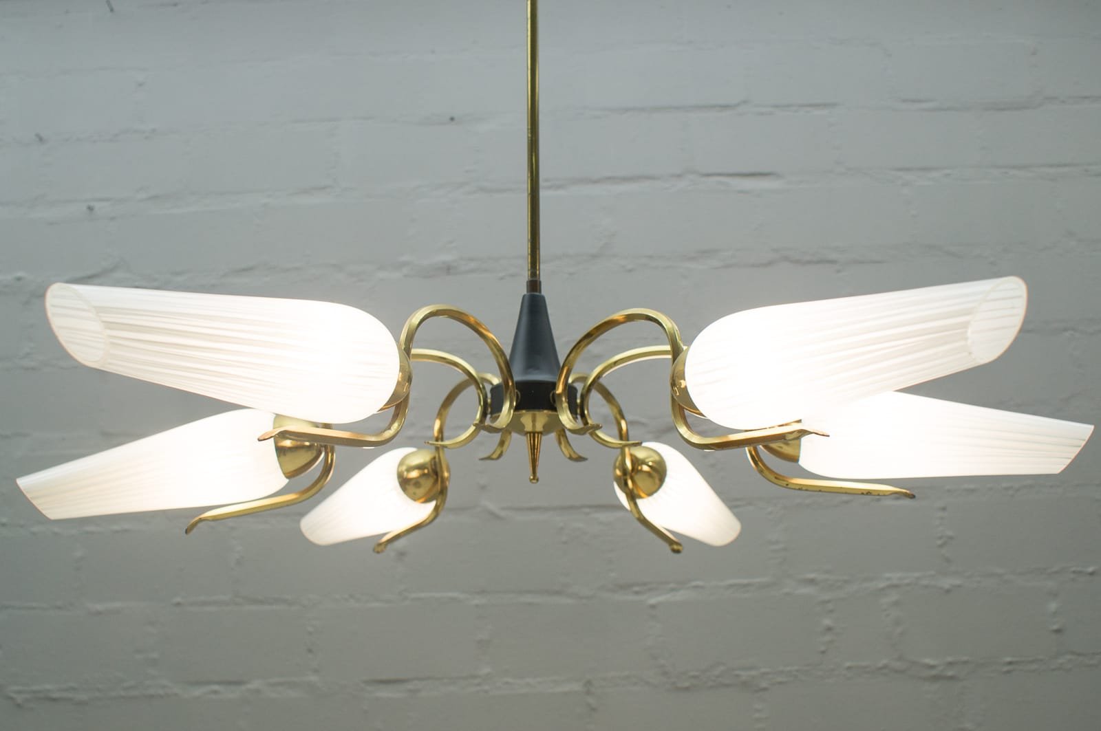 Mid-Century Sputnik Glass & Brass 6-Arm Ceiling Lamp