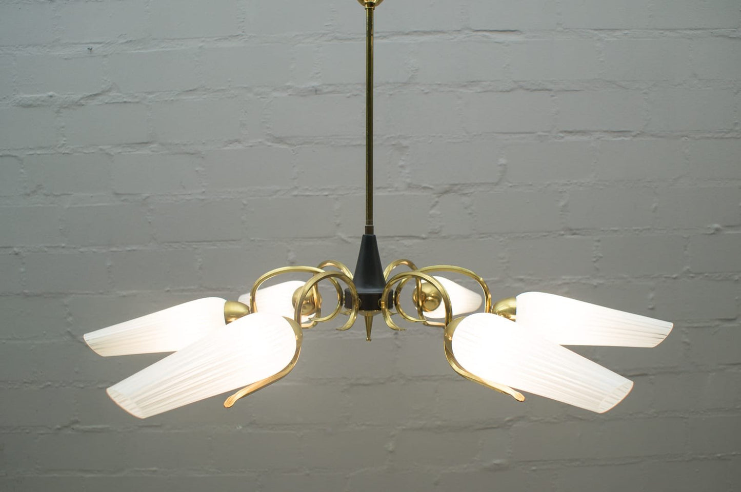 Mid-Century Sputnik Glass & Brass 6-Arm Ceiling Lamp