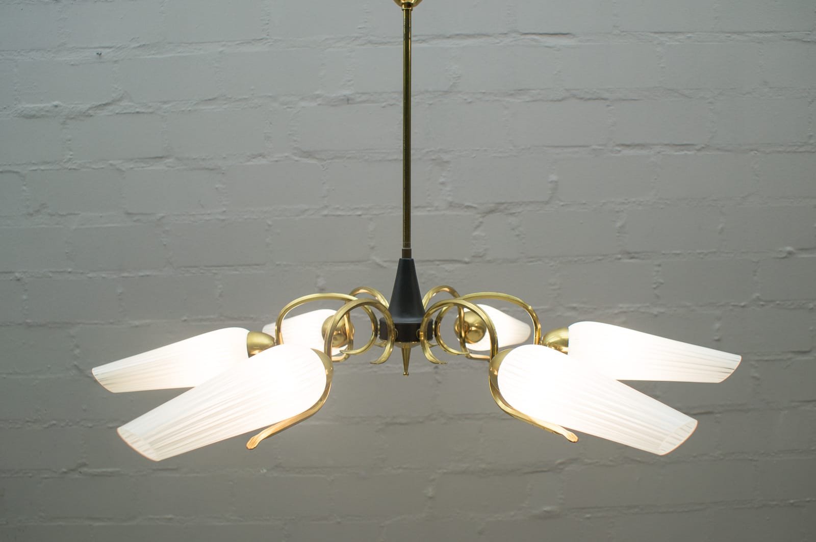 Mid-Century Sputnik Glass & Brass 6-Arm Ceiling Lamp