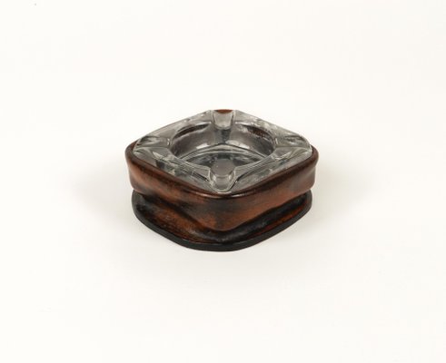 Mid-Century Square Ashtray in Leather and Glass in the style of Jacques Adnet, Italy, 1970s-LYQ-1767276