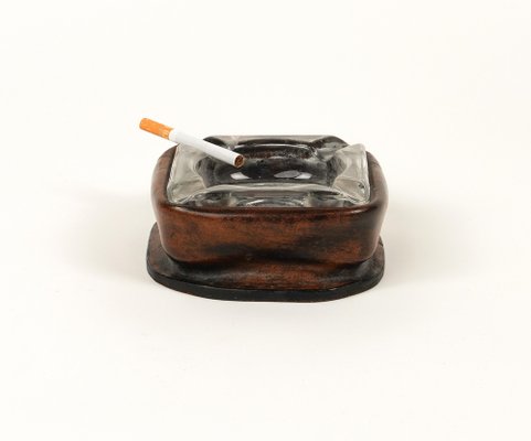 Mid-Century Square Ashtray in Leather and Glass in the style of Jacques Adnet, Italy, 1970s-LYQ-1767276