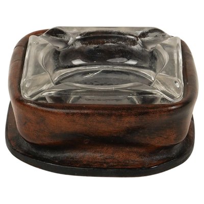 Mid-Century Square Ashtray in Leather and Glass in the style of Jacques Adnet, Italy, 1970s-LYQ-1767276