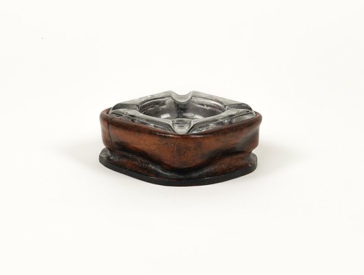 Mid-Century Square Ashtray in Leather and Glass in the style of Jacques Adnet, Italy, 1970s-LYQ-1767276