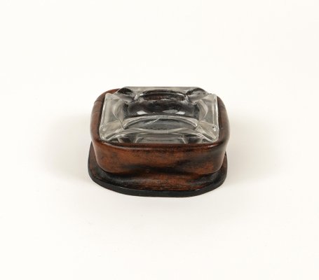 Mid-Century Square Ashtray in Leather and Glass in the style of Jacques Adnet, Italy, 1970s-LYQ-1767276