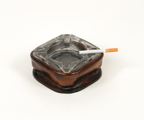 Mid-Century Square Ashtray in Leather and Glass in the style of Jacques Adnet, Italy, 1970s-LYQ-1767276