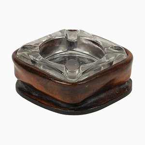 Mid-Century Square Ashtray in Leather and Glass in the style of Jacques Adnet, Italy, 1970s-LYQ-1767276