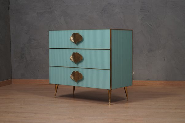 Mid-Century Square Sky Blue Color Glass and Brass Commode-UH-1750131