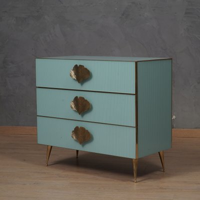 Mid-Century Square Sky Blue Color Glass and Brass Commode-UH-1750131