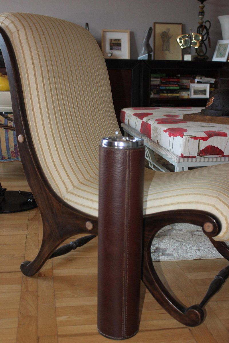 Mid-Century Standing Portable Ashtrays in Brown Leather and Brass, Set of 2