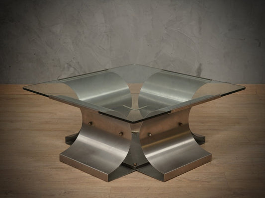 Mid-Century Steel and Glass Coffee Table by Francois Monnet, 1970s