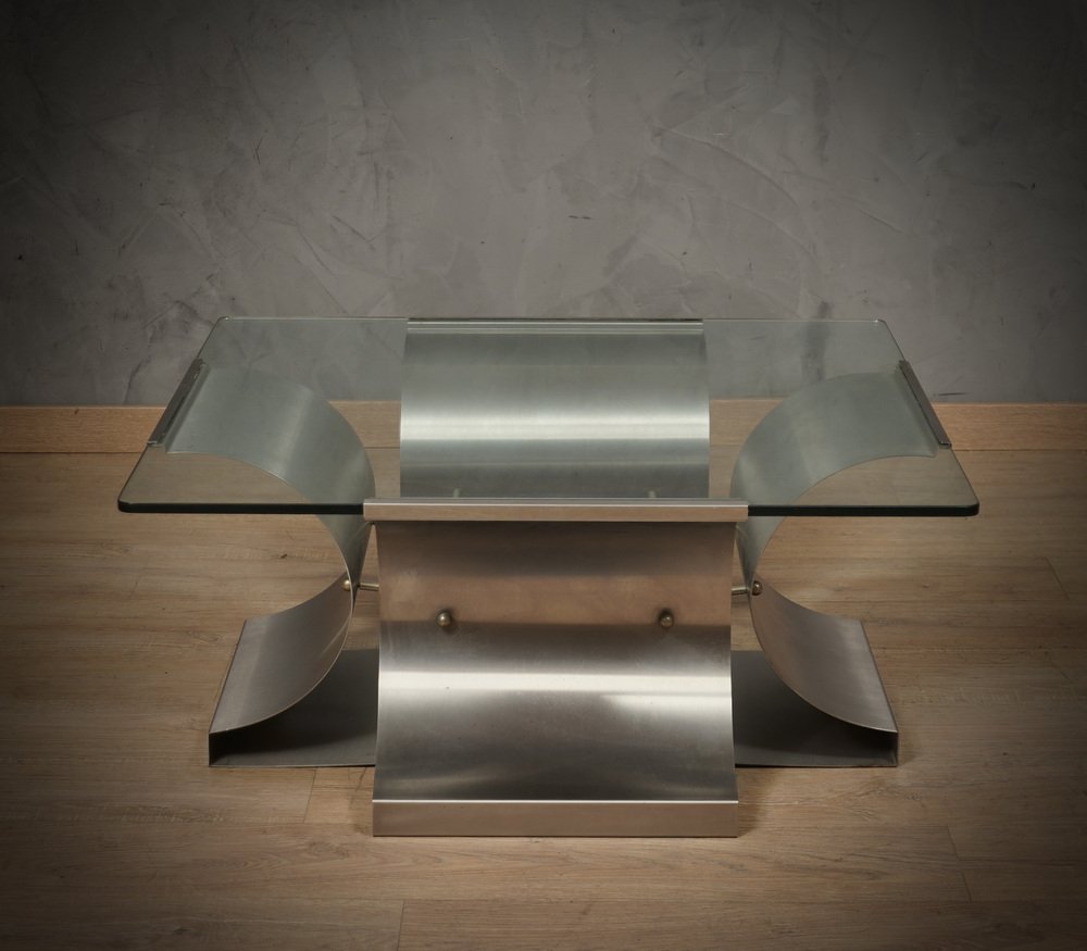 Mid-Century Steel and Glass Coffee Table by Francois Monnet, 1970s