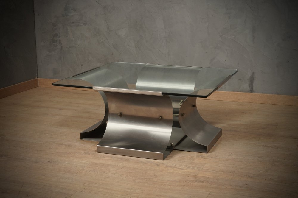 Mid-Century Steel and Glass Coffee Table by Francois Monnet, 1970s